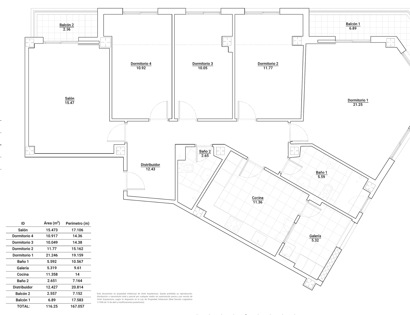 Plano del estado actual de la vivienda con superficies