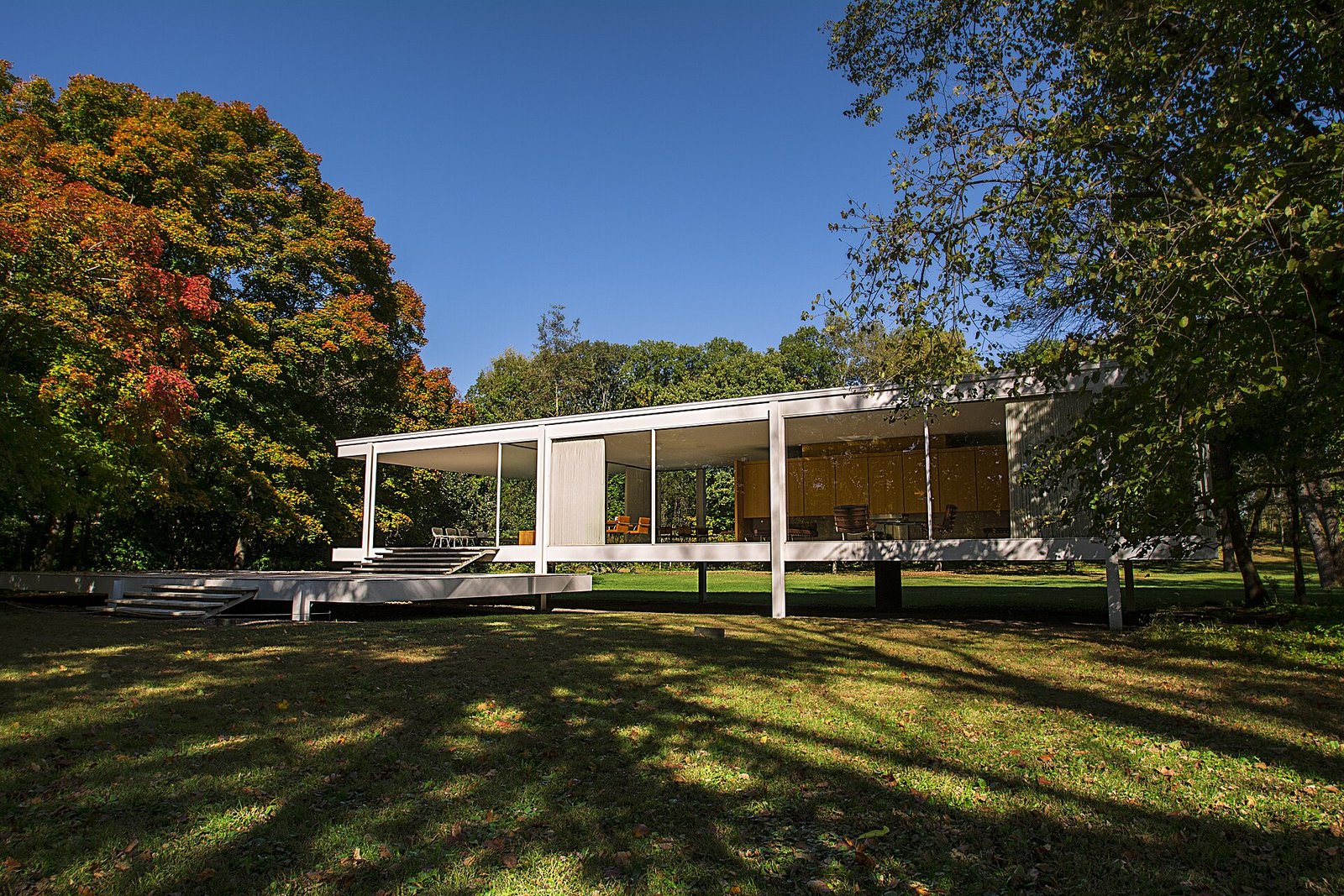 Casa Farnsworth de Mies van der Rohe, caja de vidrio sobre el césped entre árboles
