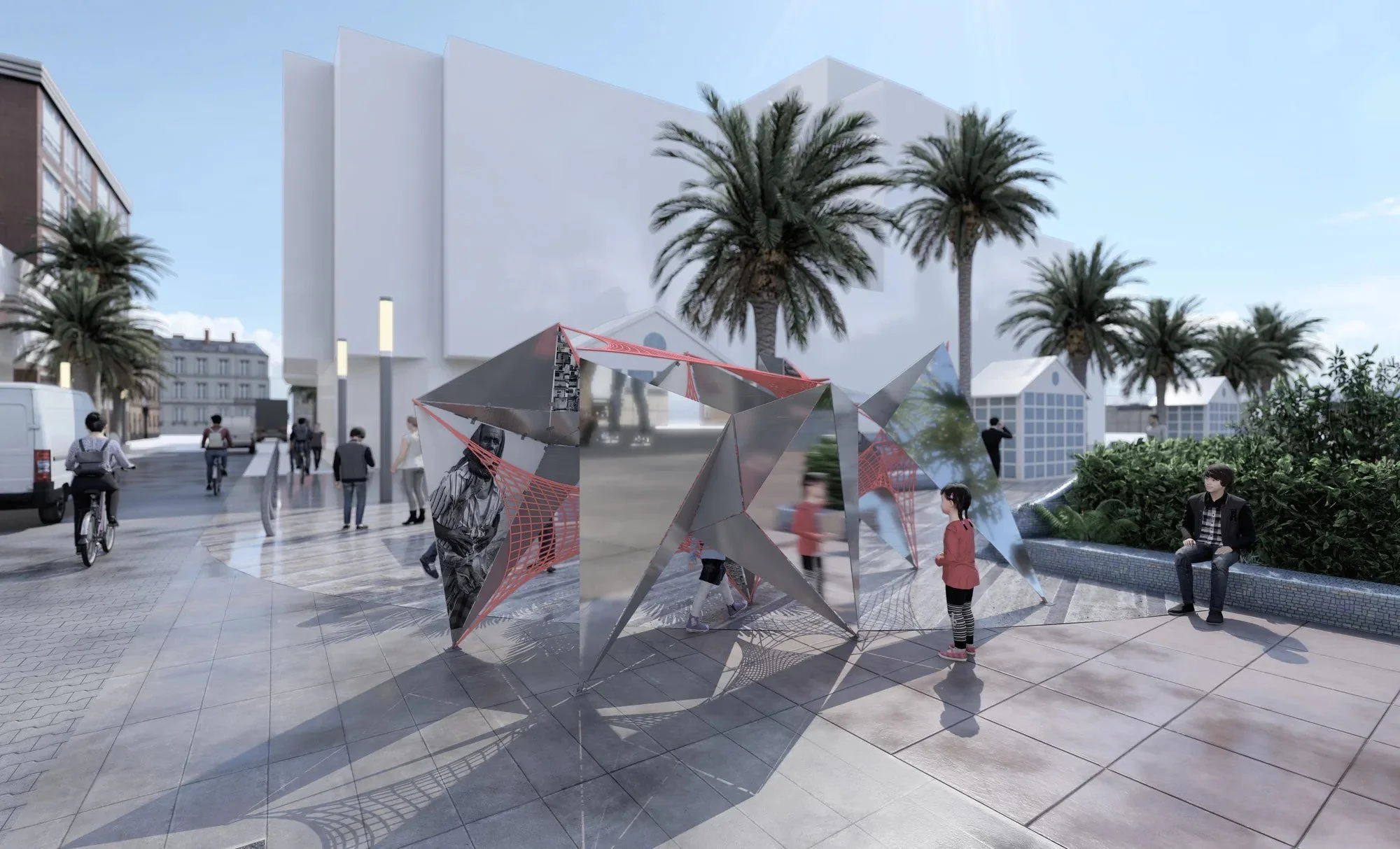 Render de la propuesta Reflejo en la plaza, con volúmenes facetados de espejo y redes rojas tensadas entre ellos