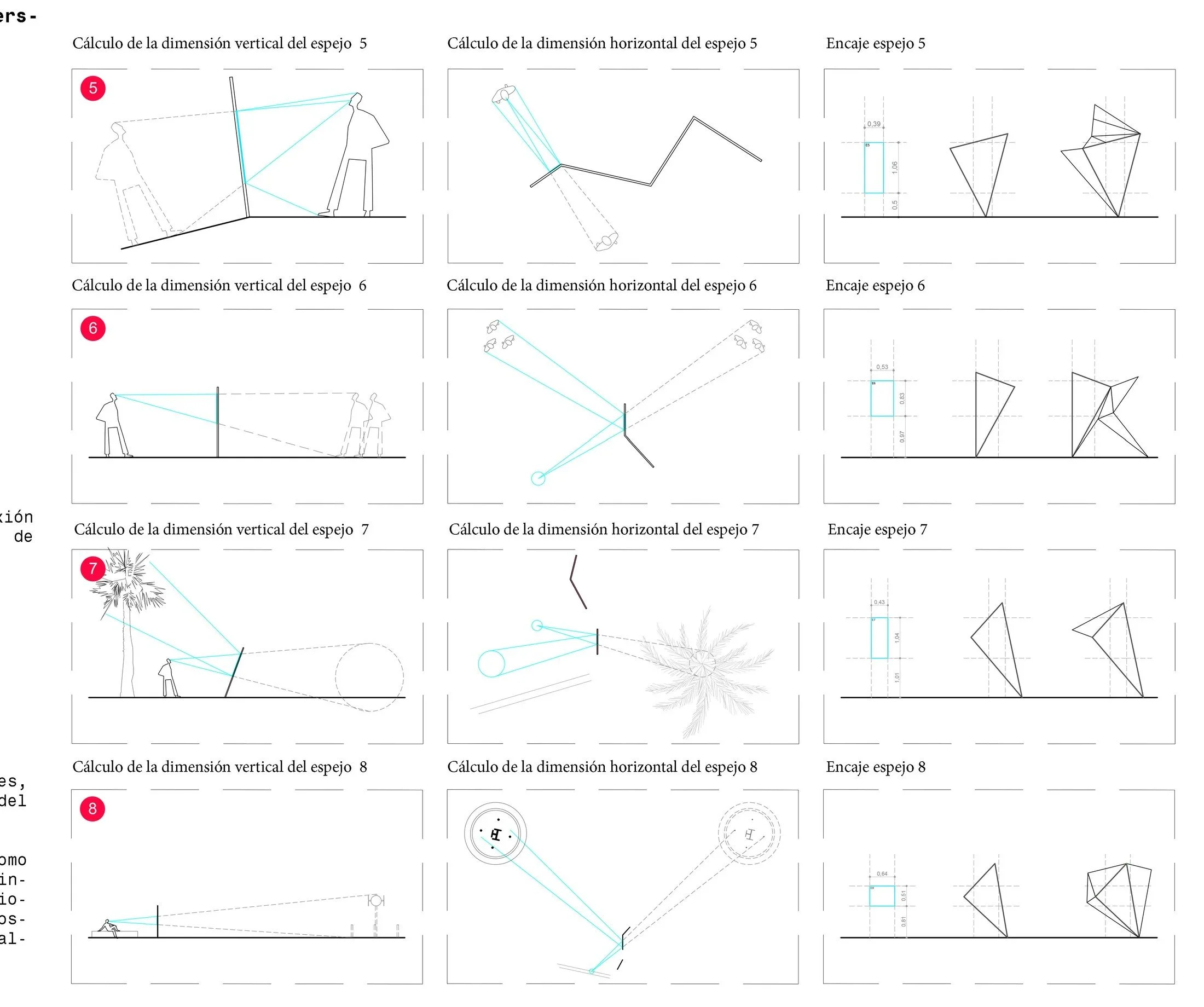 Lámina con el cálculo de la dimensión vertical y horizontal de varios espejos mediante líneas de visión, y su encaje en la pieza