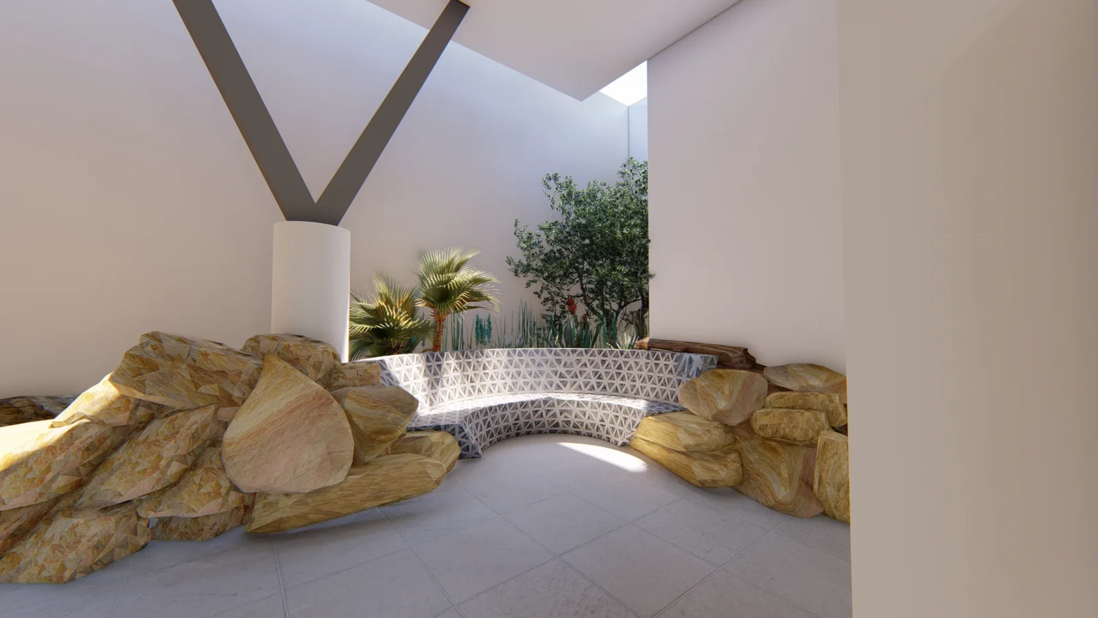 Imagen de proyecto: patio con roca natural y estructura en V