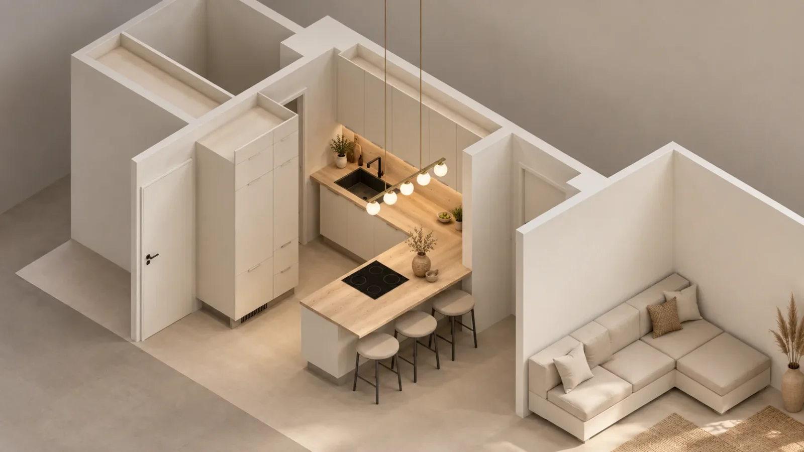 Axonometría de la reforma: cocina abierta al salón