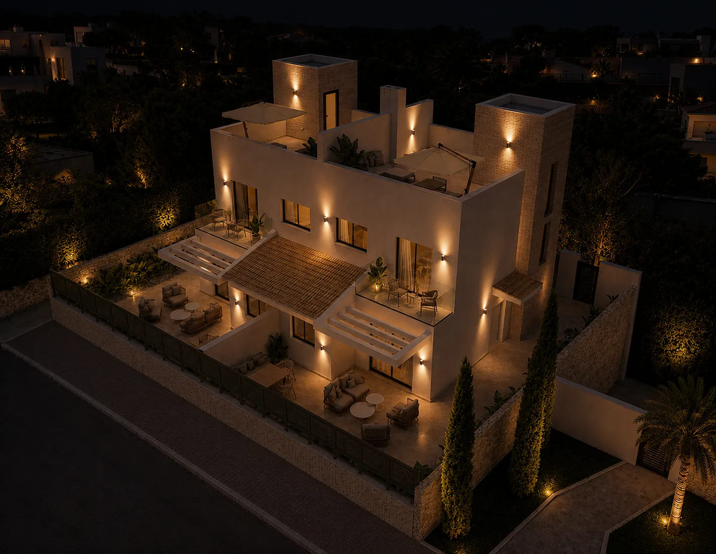 Iluminación exterior al anochecer
