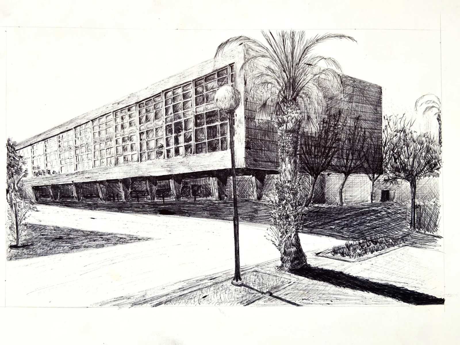 Dibujo a tinta de un edificio moderno