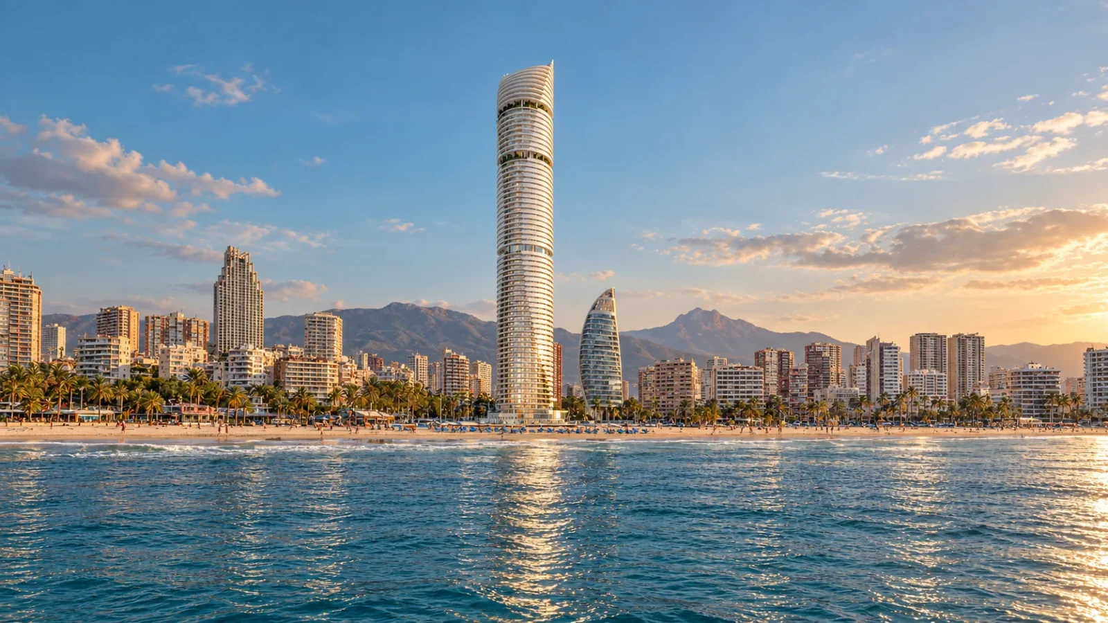 Infografía de una torre residencial frente al mar
