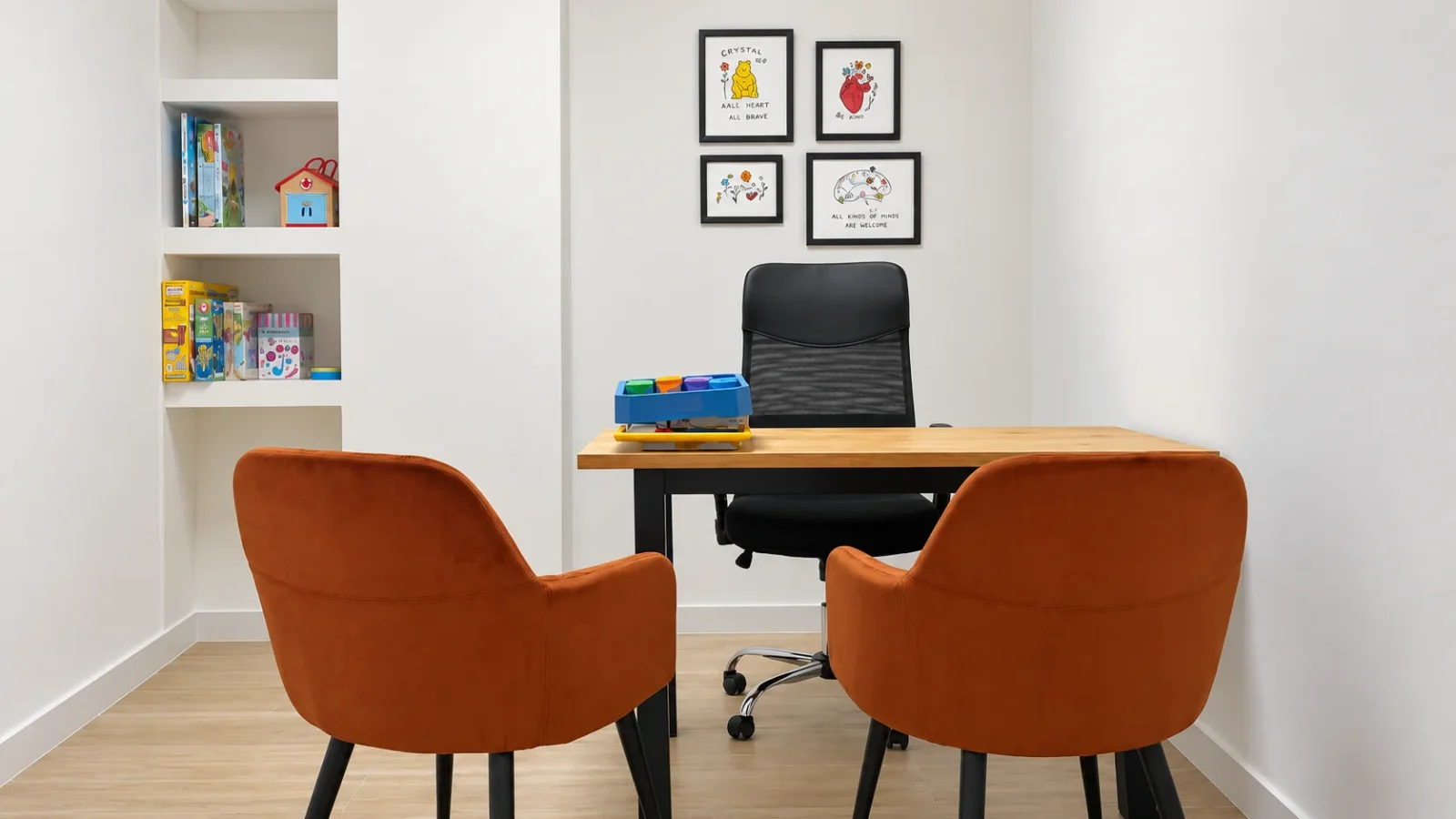 Children's consulting room: built-in shelving and natural light