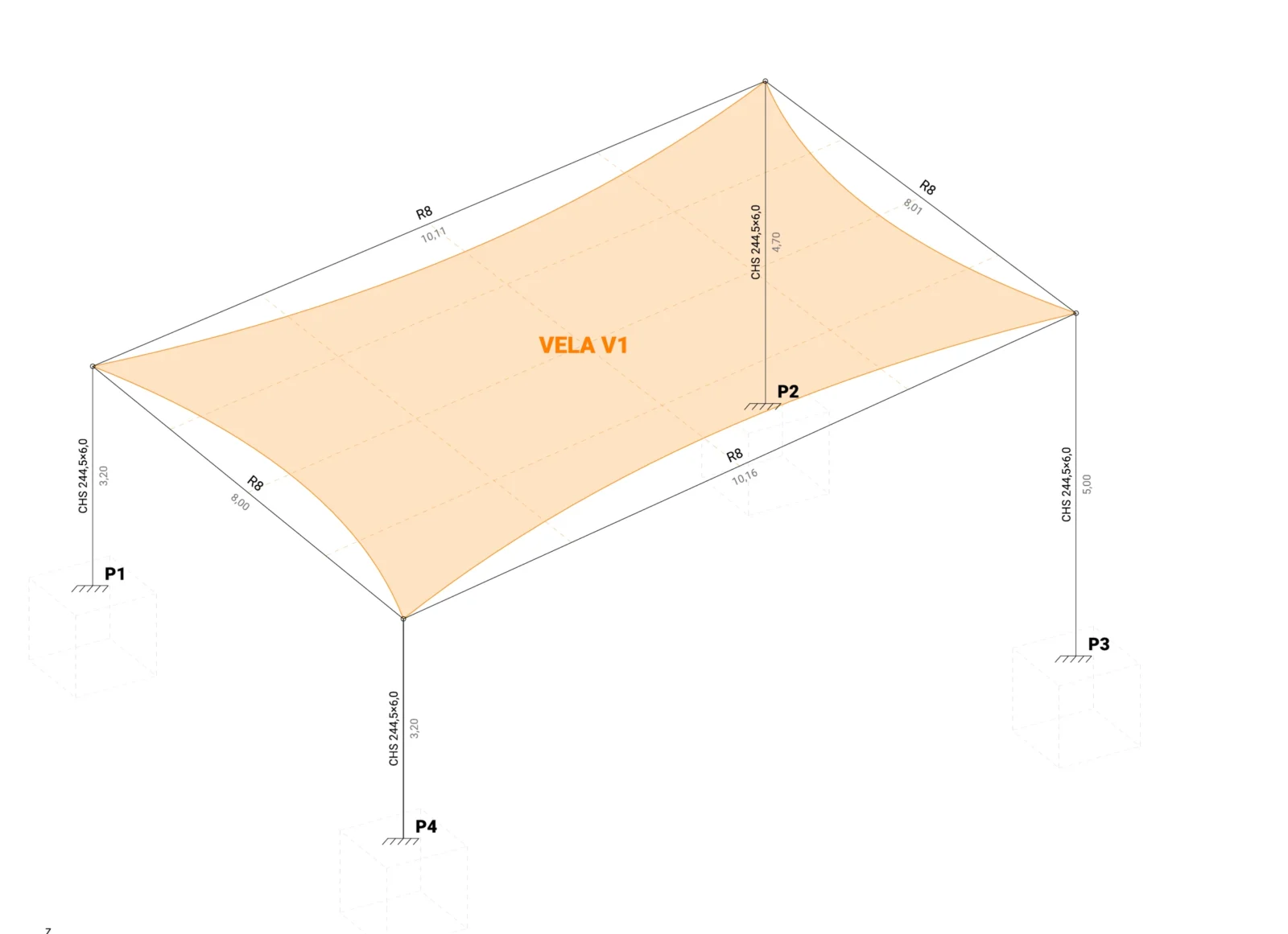 3D model of the calculation of a shade sail on four posts