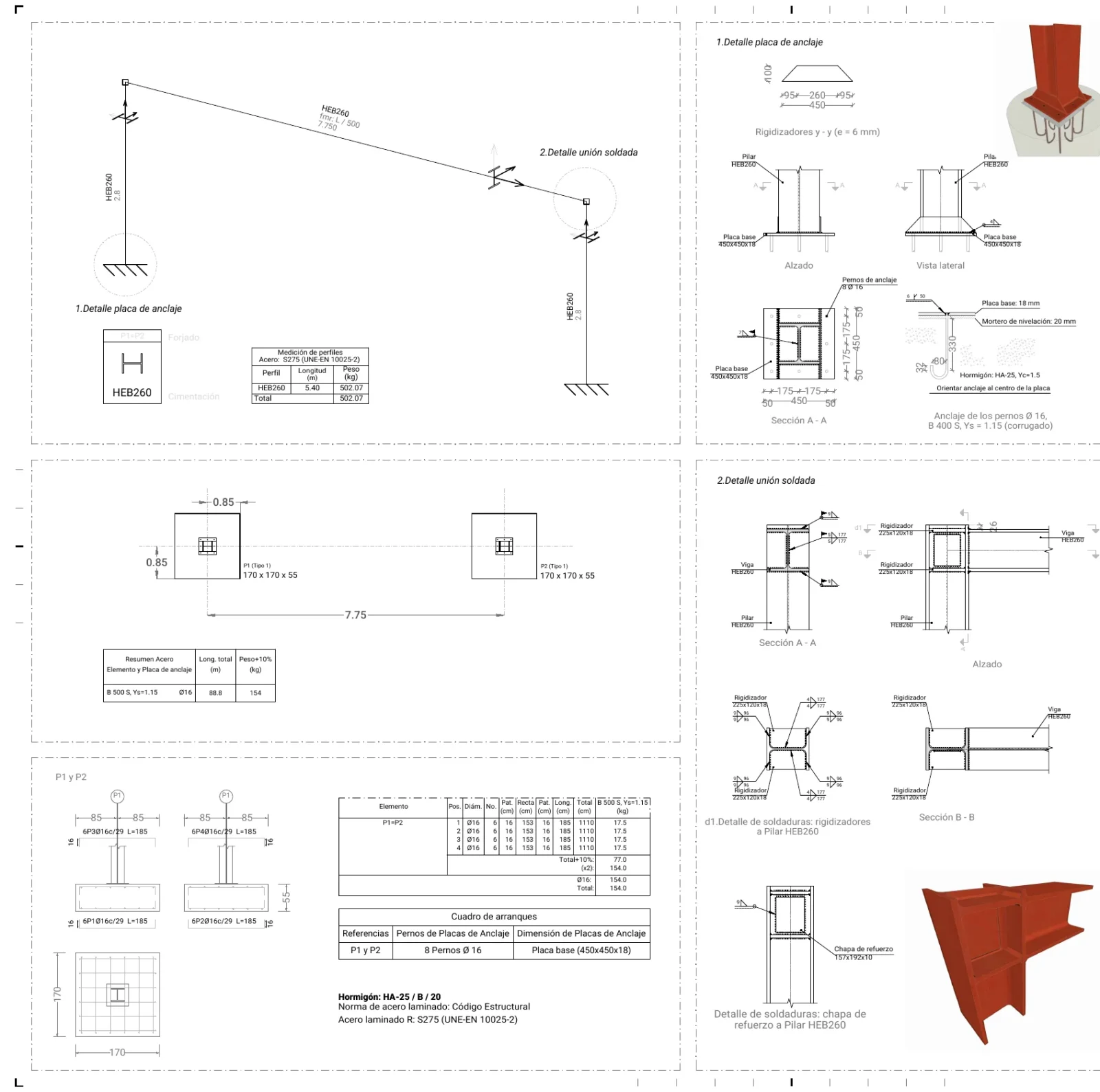 Plano de detalles de la estructura: placas de anclaje y soldaduras